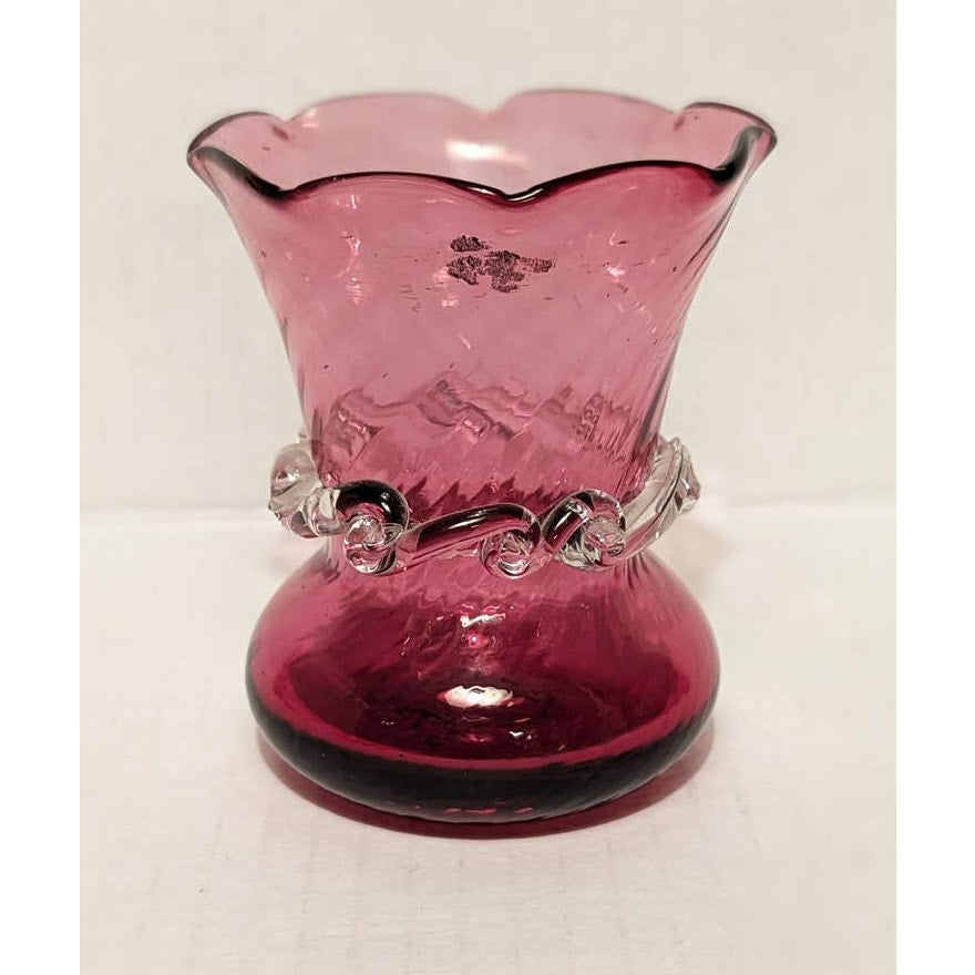 Vintage Pilgrim Cranberry Flared Vase with Clear Glass Accents Petaled Neck Pink