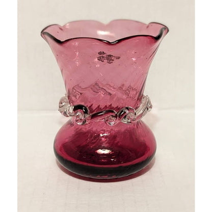 Vintage Pilgrim Cranberry Flared Vase with Clear Glass Accents Petaled Neck Pink