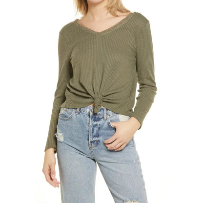 LOVE, FIRE Juniors' Lace-trim Thermal Top In Thyme XS