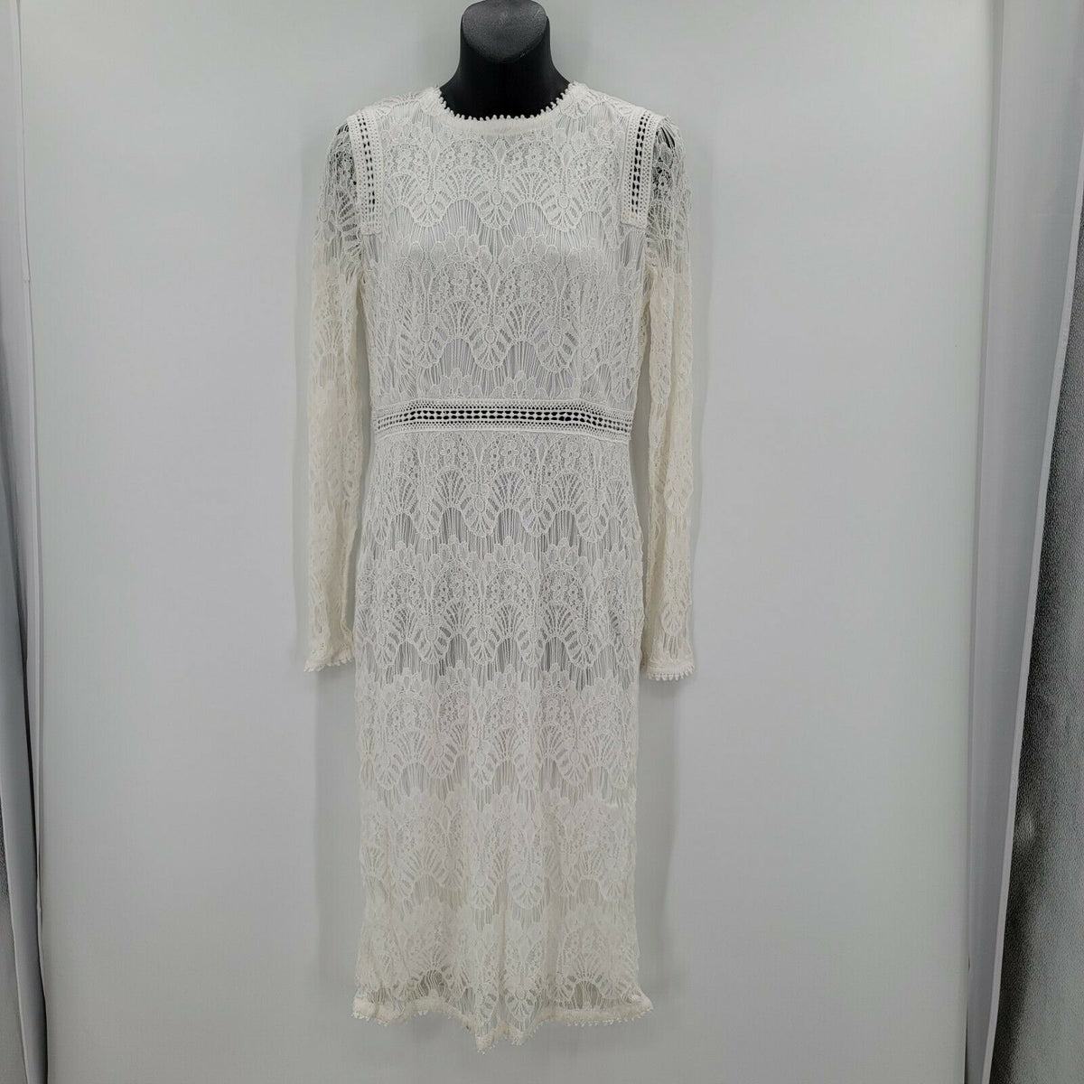 Love by Design Long Sleeve Lace Lined Midi Dress Back Zip White Medium