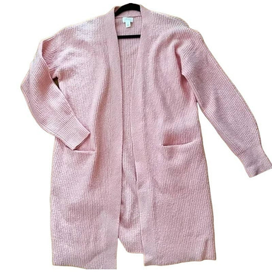 Caslon Open Front Textured Rib Knit Long Pocket Cardigan Plus Sz 2XL Pink NWT