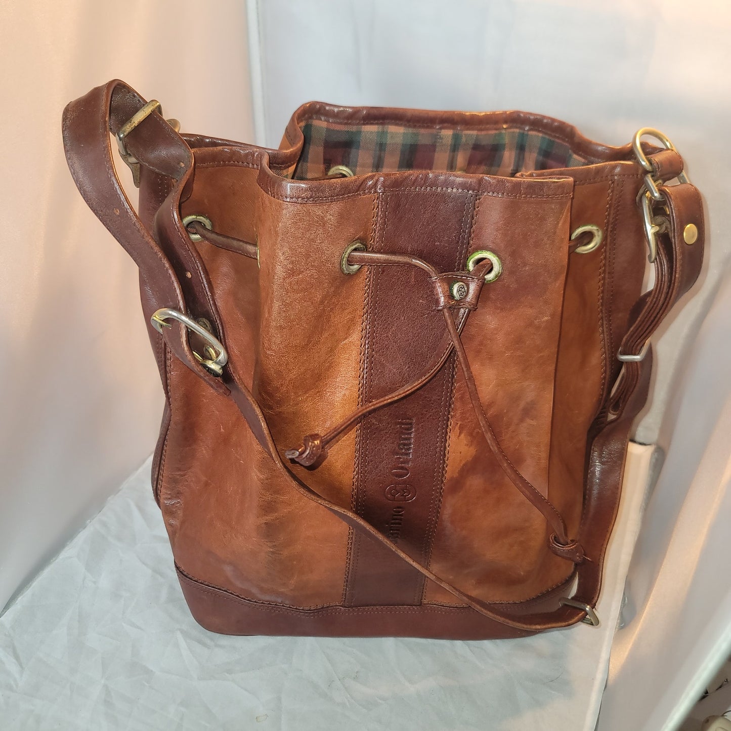Marino Orlandi Leather Italian Bucket Bag NewBuck Cognac Drawstring Purse tartan
