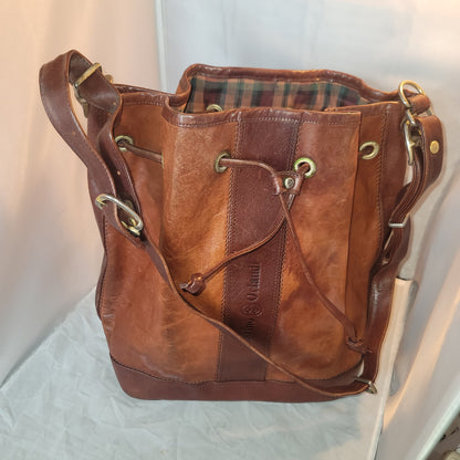 Marino Orlandi Leather Italian Bucket Bag NewBuck Cognac Drawstring Purse tartan
