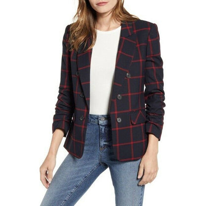 1.state Windowpane Check Ruched Sleeve Blazer Open Front Peaked Lapels XSmall