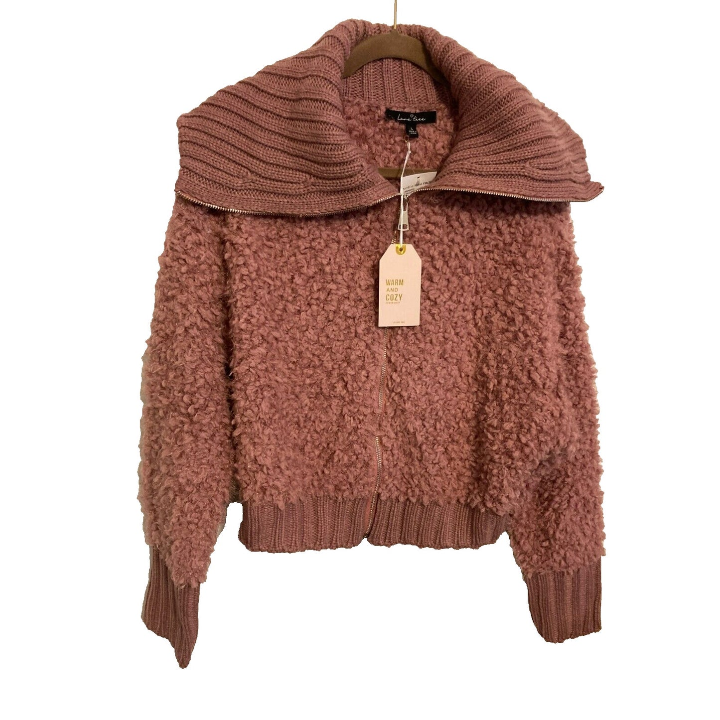 Love Tree Full Zip Cable Knit Fuzzy Cardigan Sweater XL/Extra Large Mauve NWT
