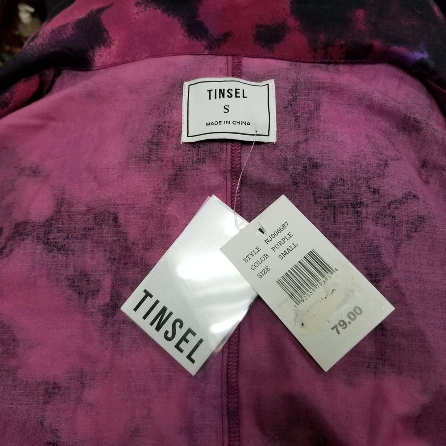 Tinsel Floral Lightweight Trench Jacket Small Purple Tie Dyed Belted Coat NWT