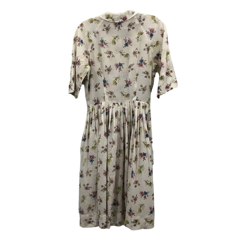 Vintage 1960s White Floral Pleated Button Up Short Sleeve Fit & Flare Dress
