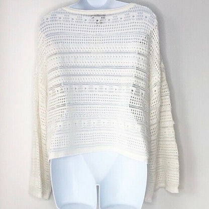 CENY Open Knit Cropped Sweater Wide Sleeve White Large Long Sleeve NEW