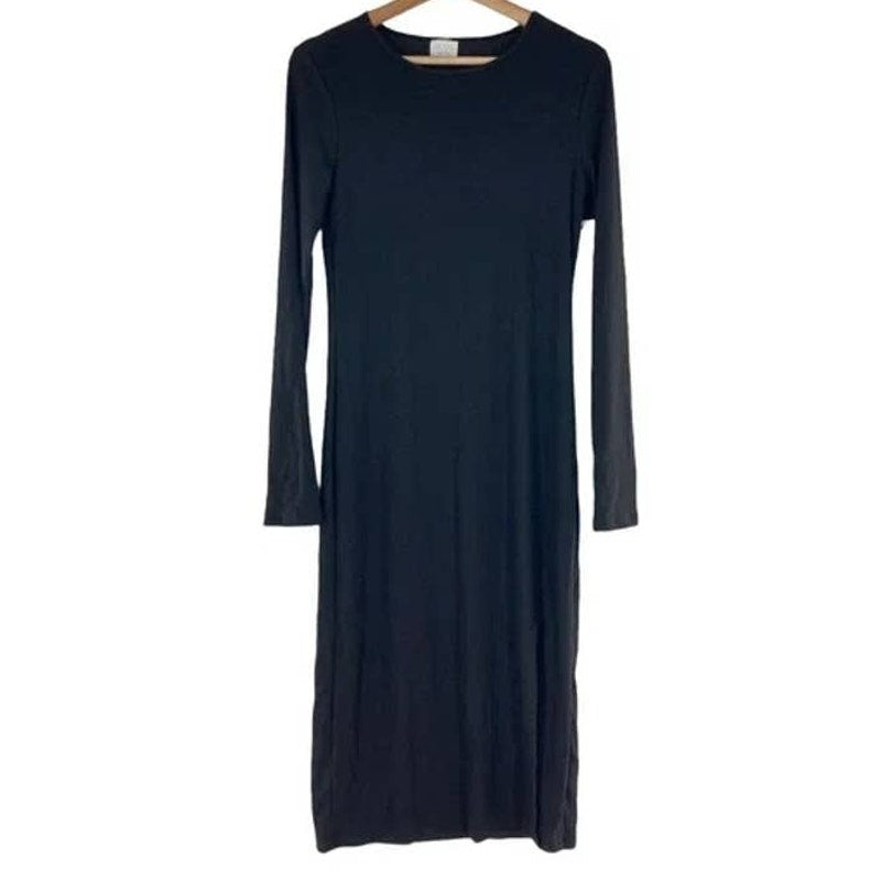 Abound Side Slit Rib Knit Long Sleeve Round Neck Midi Dress Sz Small Black NWT