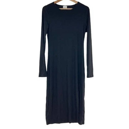 Abound Side Slit Rib Knit Long Sleeve Round Neck Midi Dress Sz Small Black NWT