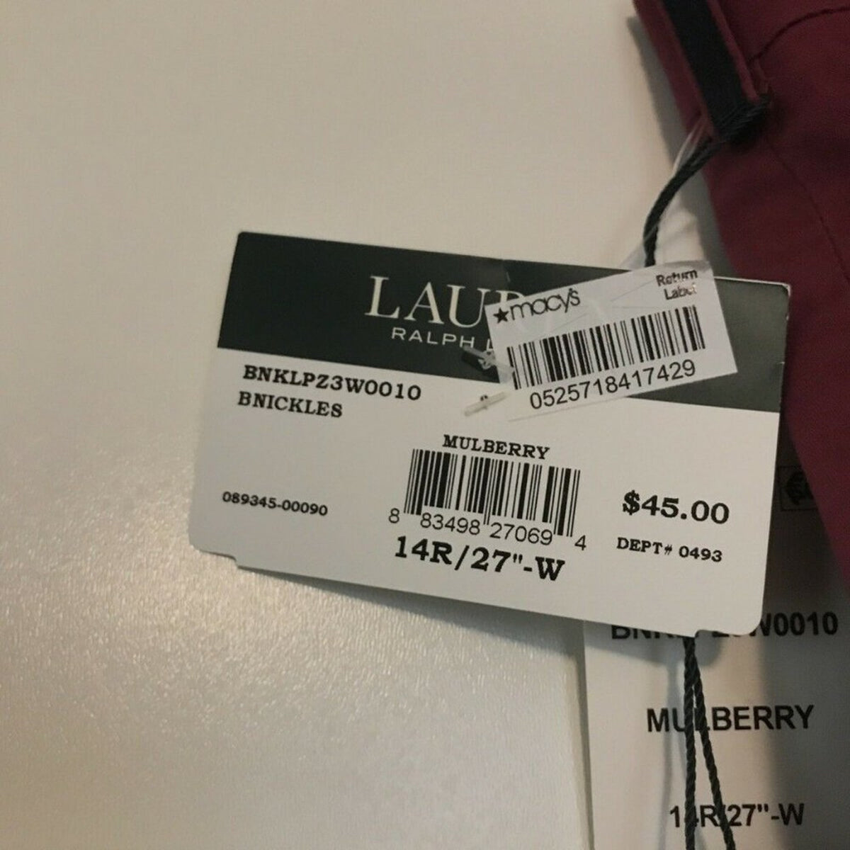 NWT Ralph Lauren Classic Fit Stretch Mulberry Pant 14R/27 waist