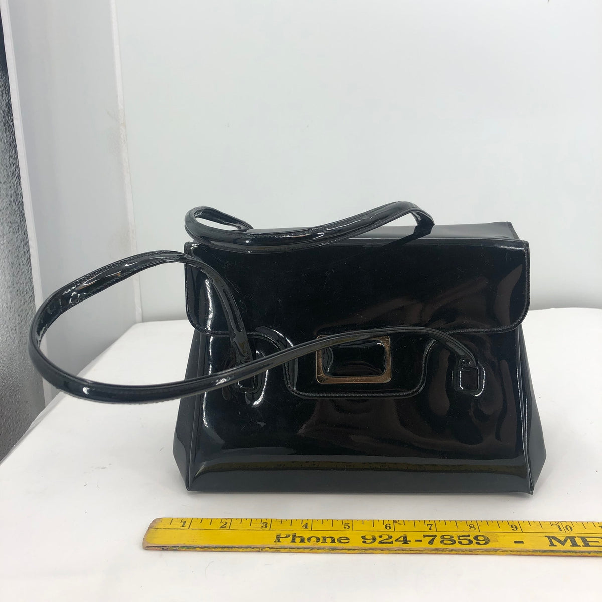 Vintage Lewis Women Handbag Purse Shiny Patent Leather 3 Compartment Black OS