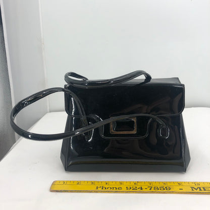 Vintage Lewis Women Handbag Purse Shiny Patent Leather 3 Compartment Black OS