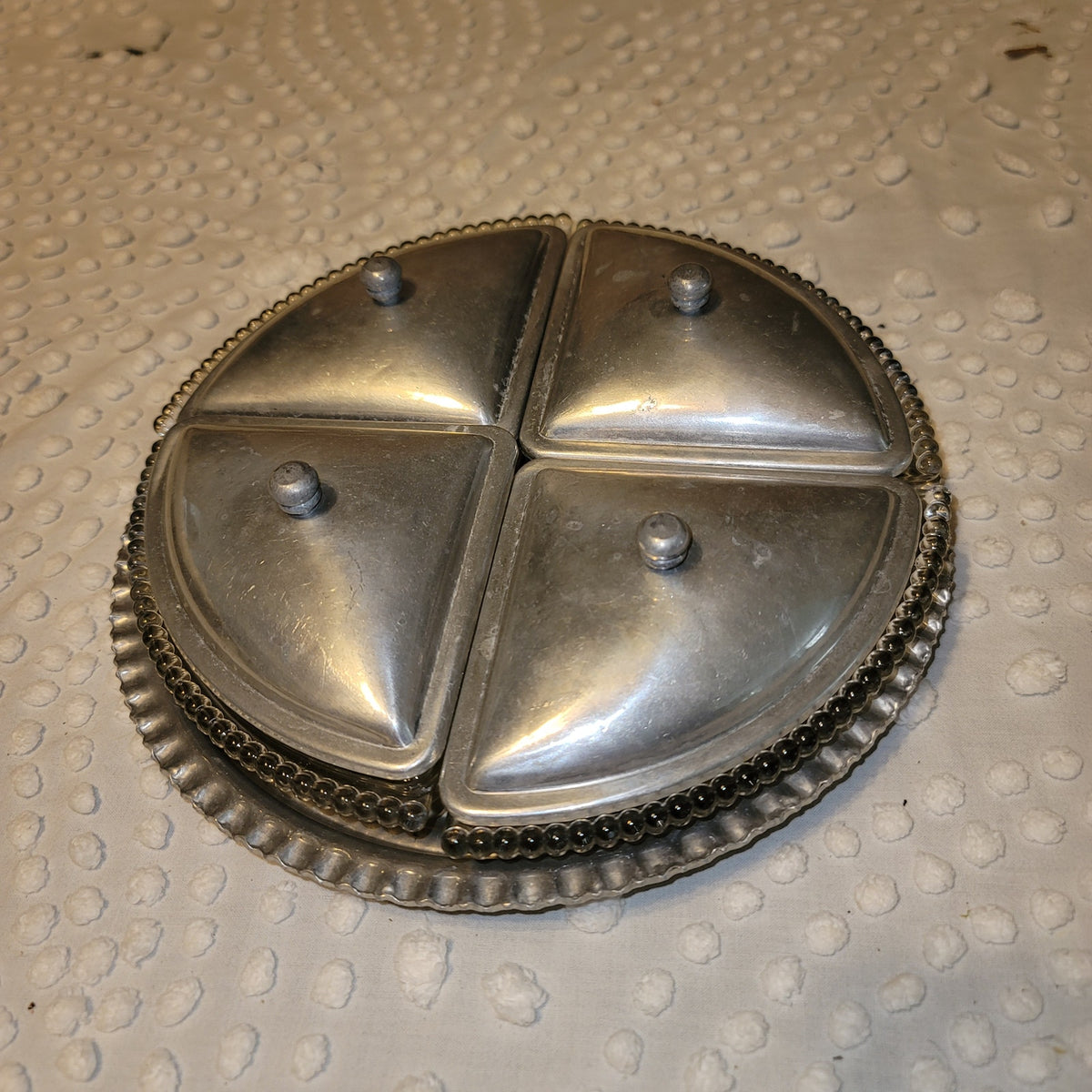 Vintage Aluminum tray 4 Glass compartments Server Vanity Jewelry storage Relish