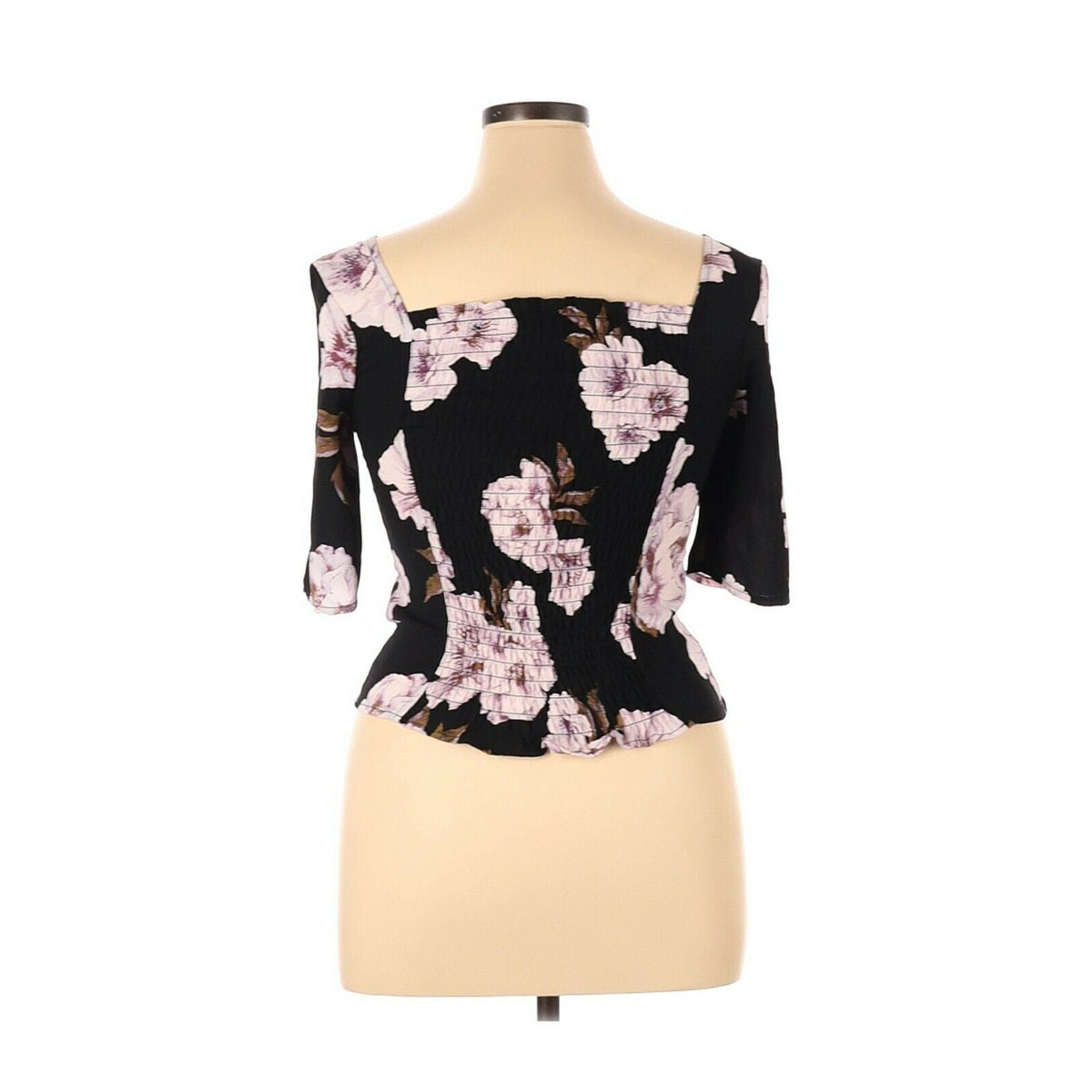 Free Press Floral Short Sleeve Blouse Top Square Neck Pink Black Size Large