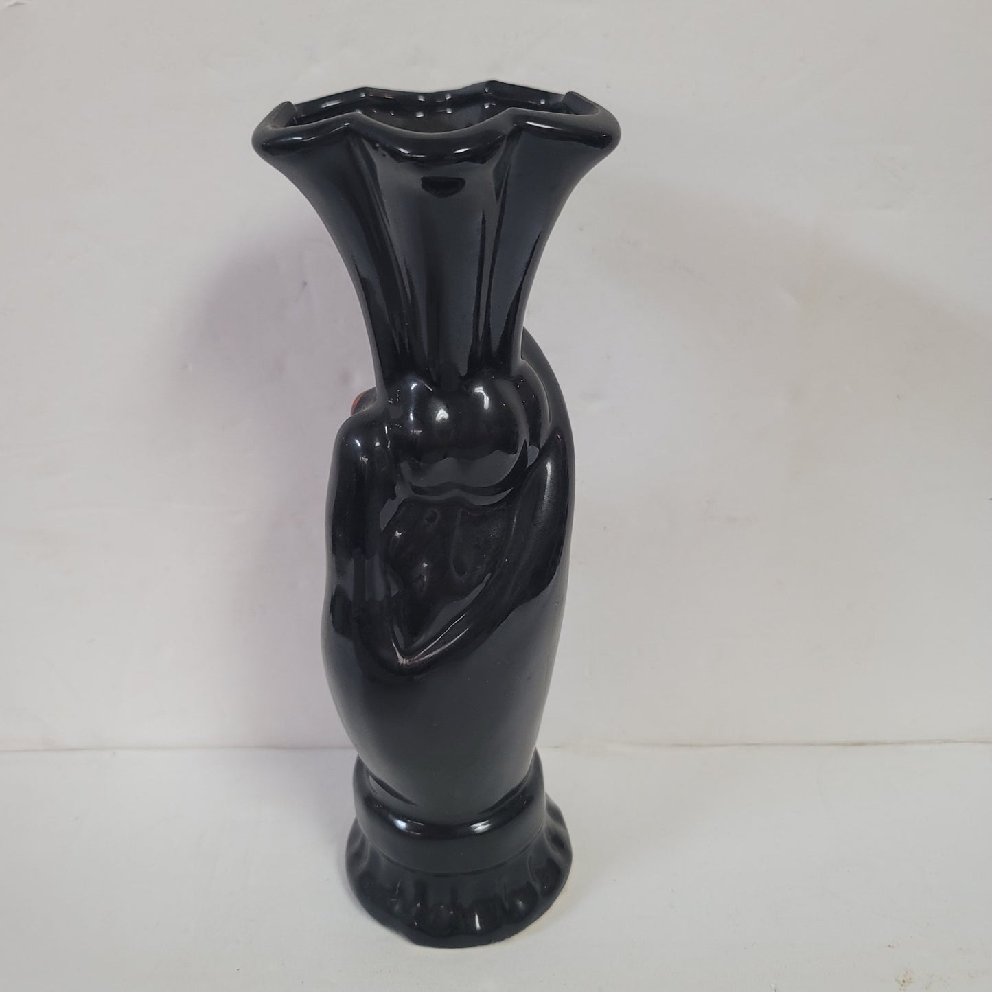 Vintage fluted black hand red bowtie tall vase Ceramic 9" tall
