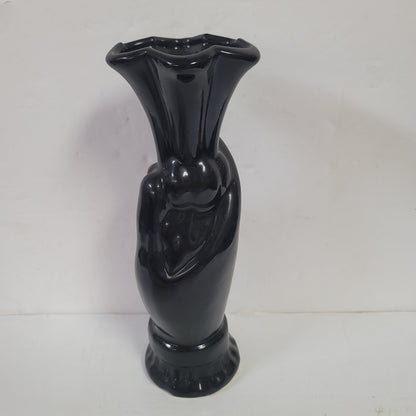 Vintage fluted black hand red bowtie tall vase Ceramic 9" tall