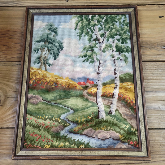 Vintage Cross Stitch Embroidery Old Country Little Church In The Woods Framed