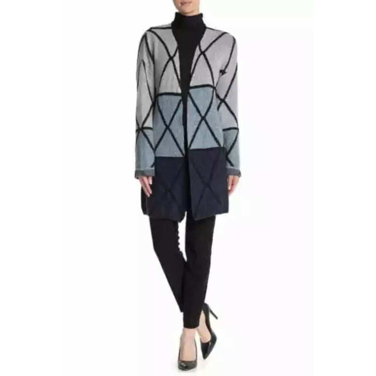 JOSEPH A Ombre Grid Cardigan XS Open Front Geometric Colorblock Blue Combo NWT