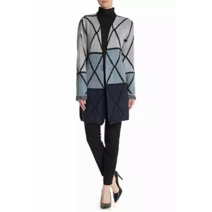 JOSEPH A Ombre Grid Cardigan XS Open Front Geometric Colorblock Blue Combo NWT