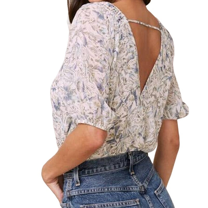 Astr Surplice Double V-Neck Puff Sleeve BodySuit Sz Small in Ivory Floral NWT