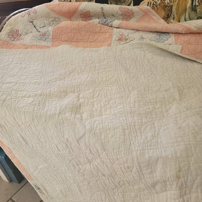 Handmade Pink White Quilt Full Queen Butterfly Stitched Names Community 80x66