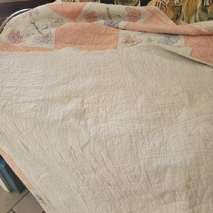 Handmade Pink White Quilt Full Queen Butterfly Stitched Names Community 80x66