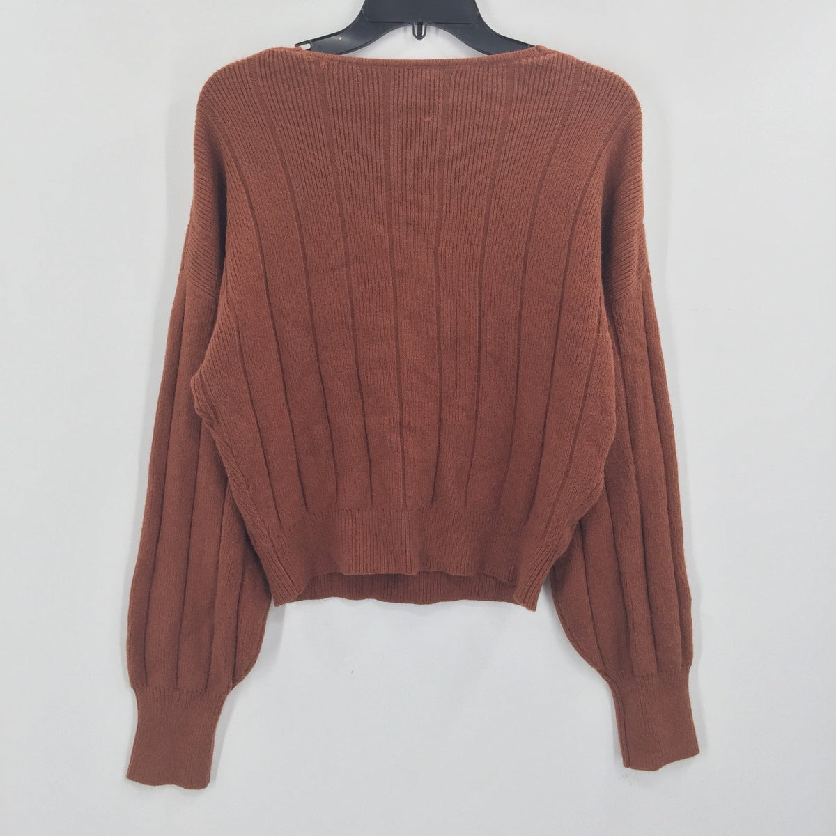 Leith Faux Wrap Pullover Ribbed Sweater Long Sleeve V-Neck Brown Size Medium