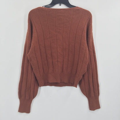 Leith Faux Wrap Pullover Ribbed Sweater Long Sleeve V-Neck Brown Size Medium