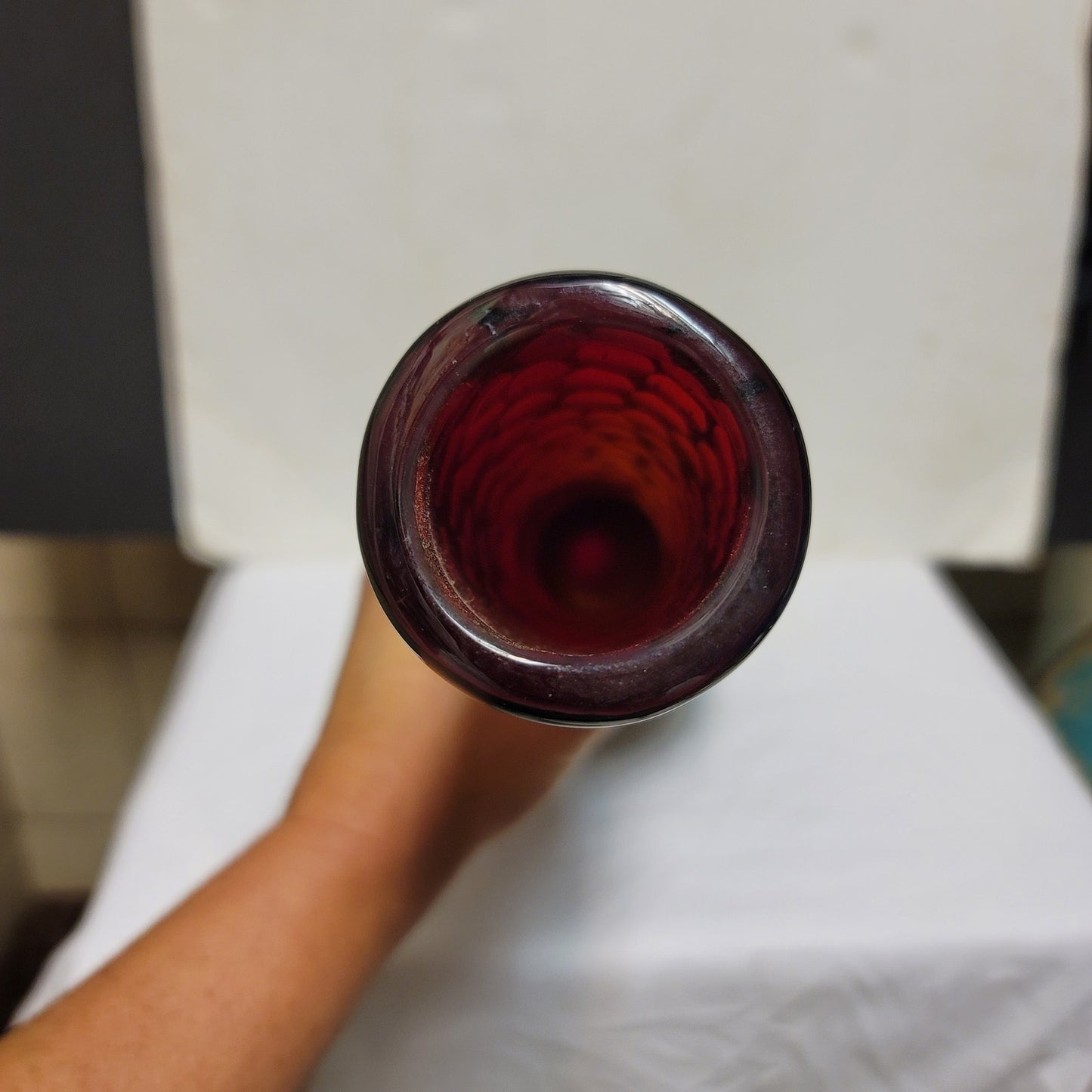 Glass hand blown 19"  Deep Ruby Blood Red vase Plucked top Pontil Thumbprint