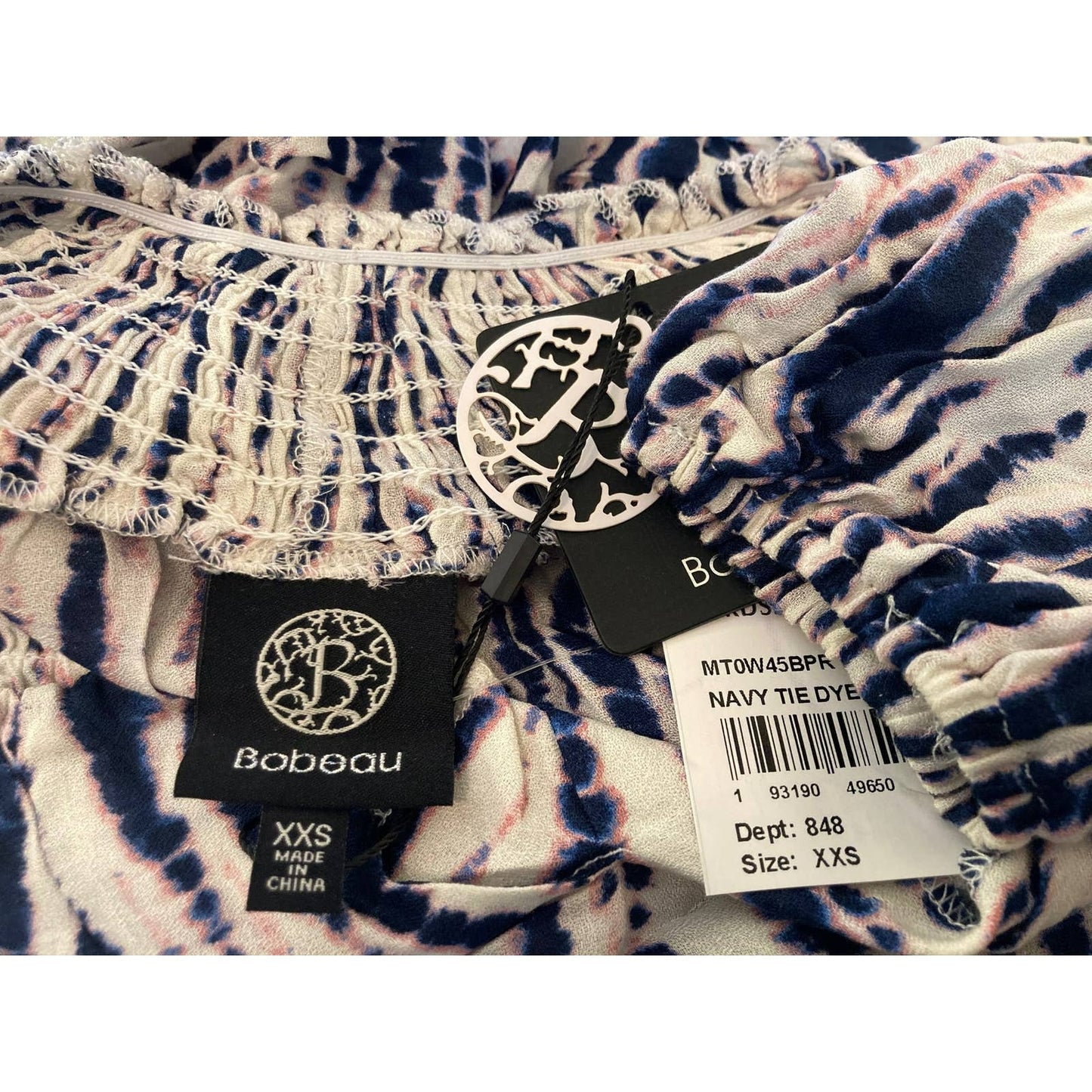 Bobeau Tie Dye Smocked V-Neck Boho Pullover Top Sz XXS/2XS Blue White Pink NWT