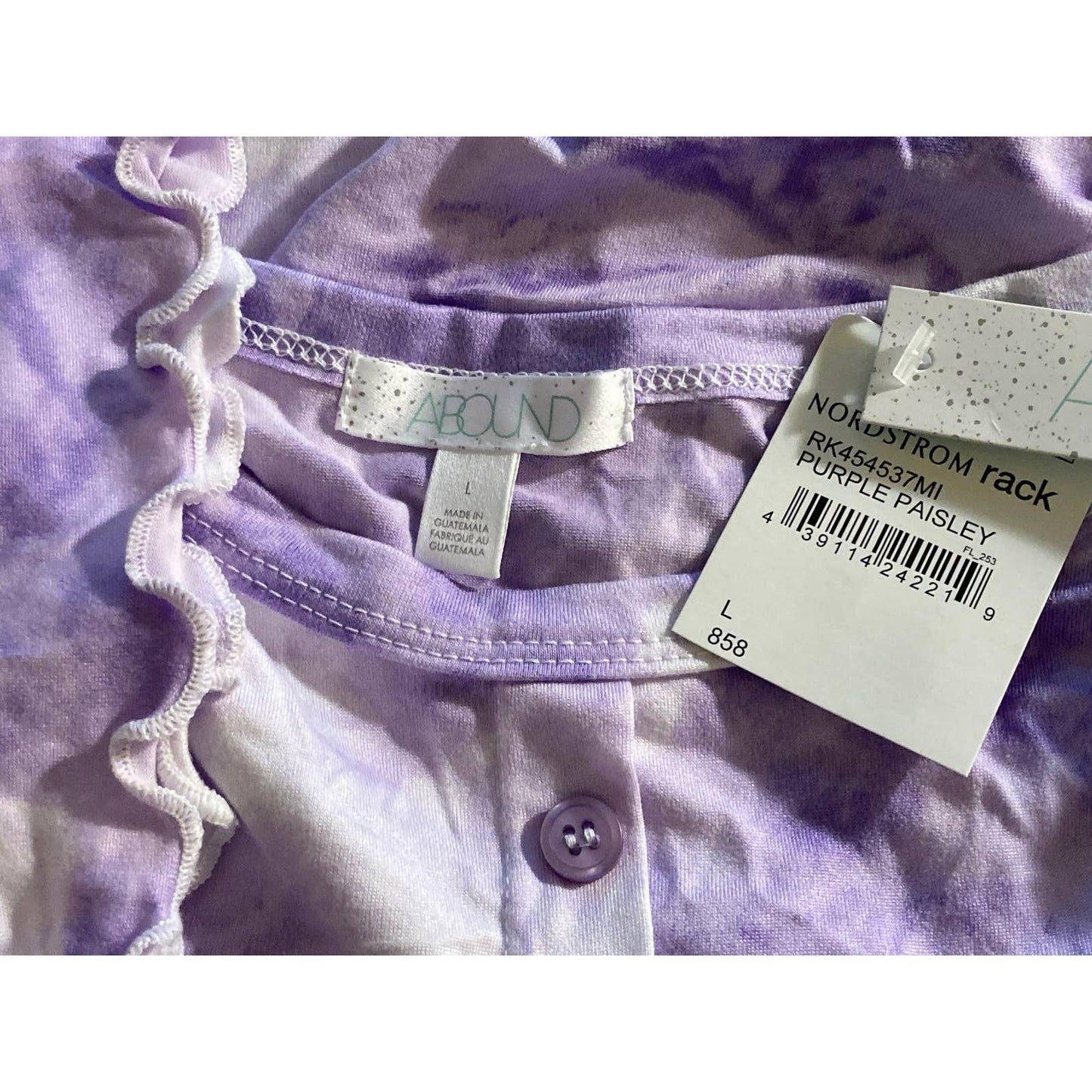 Abound Lettuce Edge Crop Button Trim Scoop Neck Top Sz Large Purple Tie Dye NWT