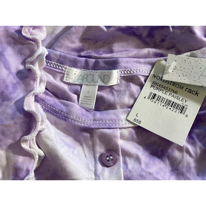 Abound Lettuce Edge Crop Button Trim Scoop Neck Top Sz Large Purple Tie Dye NWT