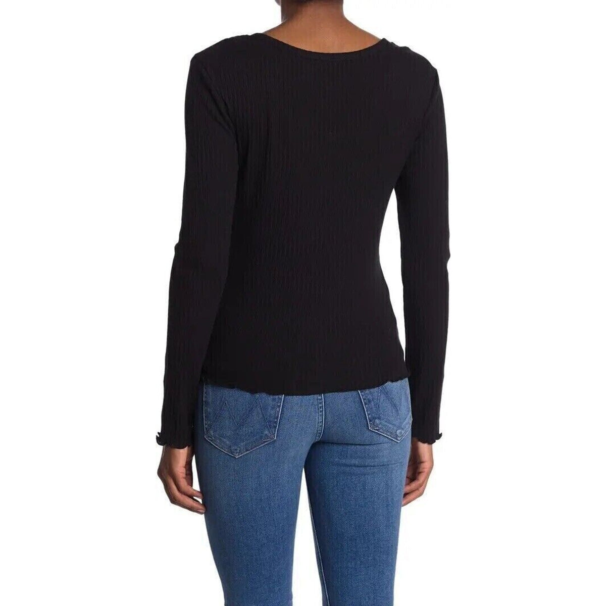 ABOUND Black shirt top Medium NEW Long Sleeve Boat Neck Lettuce Edge Button Trim