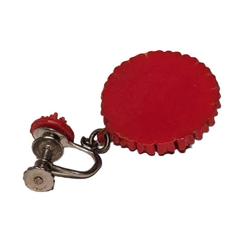 Vintage Clip On Earrings Red Flower Rhinestone Center Dangle Charm Japan 1950