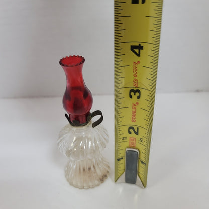 Vintage Mini Faux Oil Lamp Tiny Clear Base Red Chimney 3.5" tall glass plastic