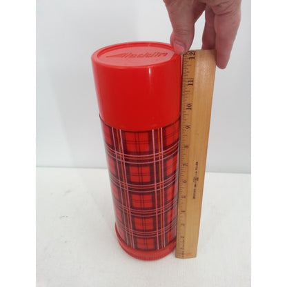Aladdin Vintage One Quart Red Tan Plaid Thermos Camping Cabin Mountain Picnic