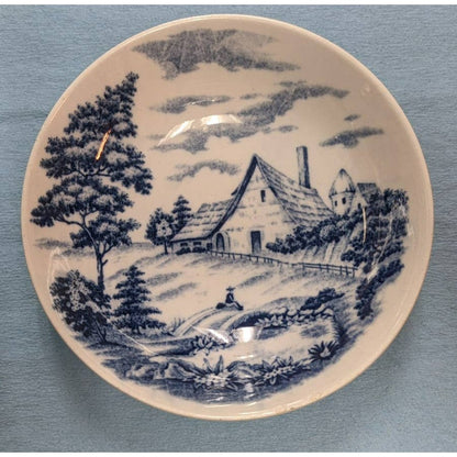 Vintage Japanese Sometsuke Shallow Bowl Farm House Field Design Blue on White