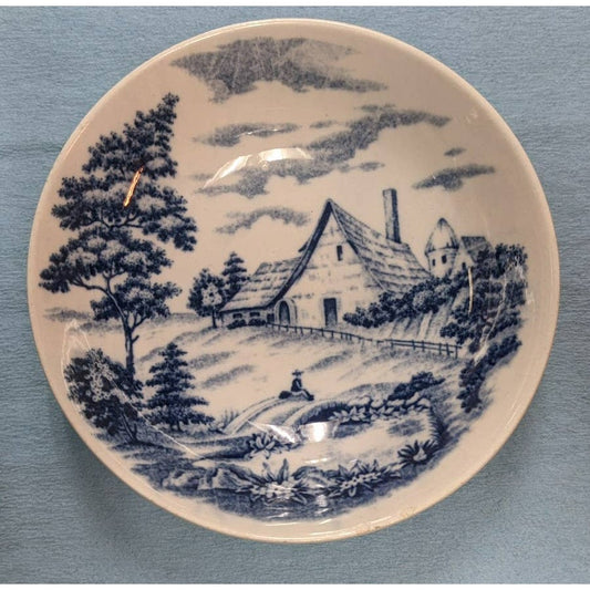 Vintage Japanese Sometsuke Shallow Bowl Farm House Field Design Blue on White