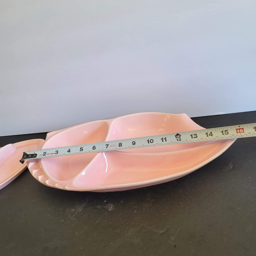 California Pottery Pink Covered Dish MCM Divided Leaf Shape Serving Tray VINTAGE