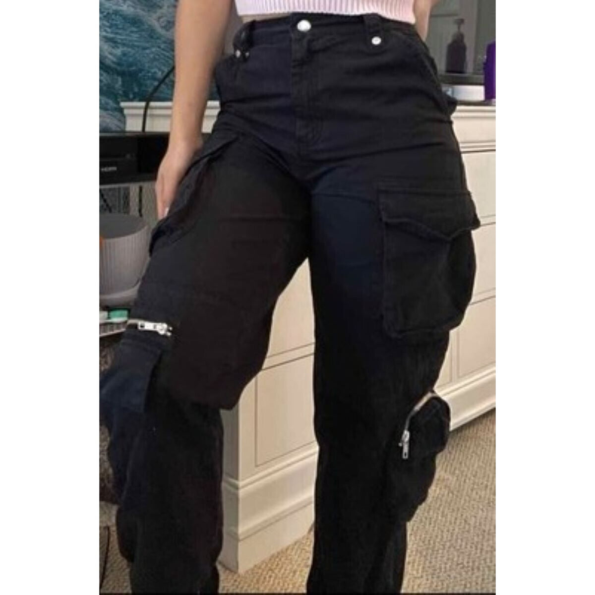 Topshop High Waisted Cuffed Cargo Utility Pants Size 6 Black NWT