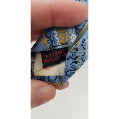Vintage Polyester Mens Necktie 56" Blue Gold White Detail 60s70s wide bottom