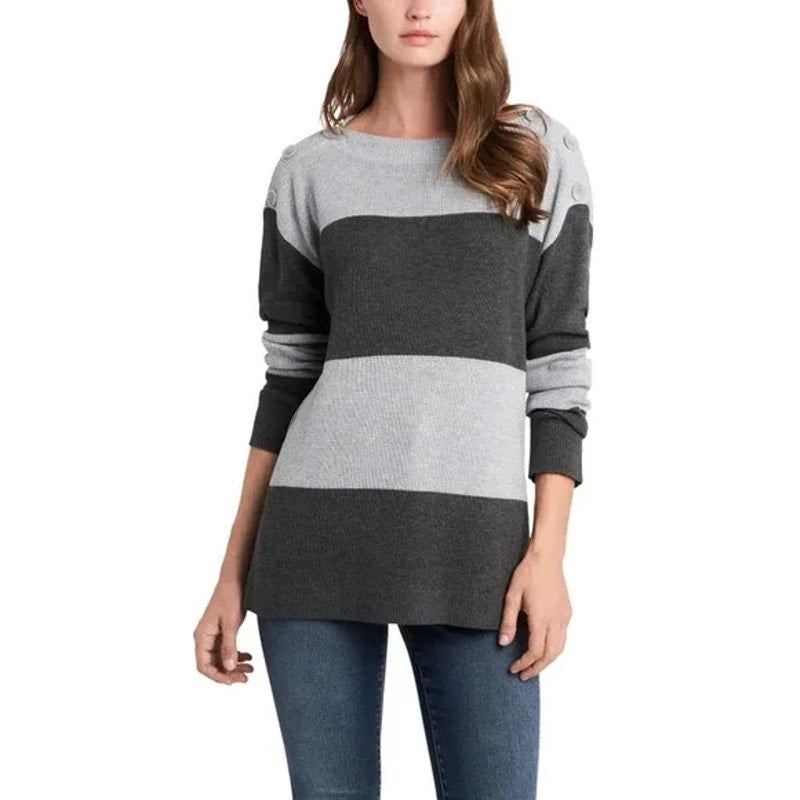 Vince Camuto Button-Shoulder Colorblock Sweater Size Medium In Heather Grey NWT