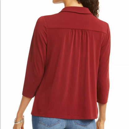 Charter Club Maroon Collared 3/4 Sleeve Casual Top Medium New 1/4 Zip Blouse