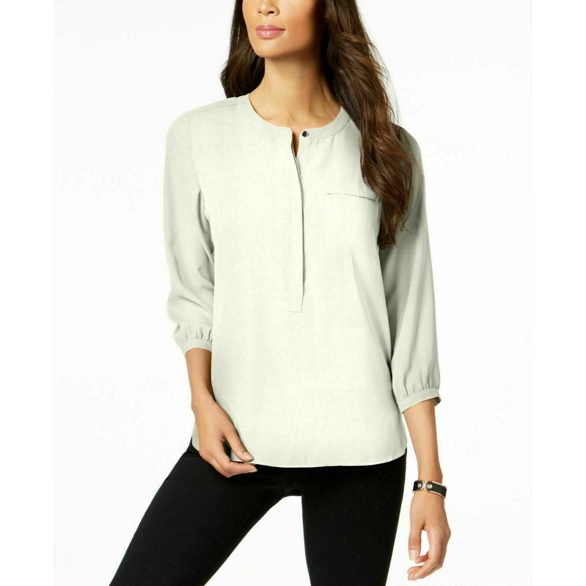 JM Collection Pleated-Back Blouse Top 3/4 Sleeves Henley Neck Eggshell XX-Large