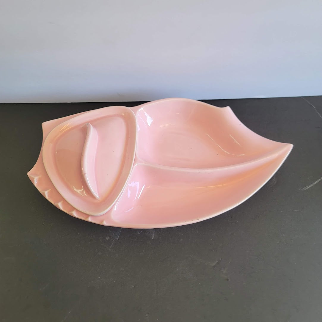 California Pottery Pink Covered Dish MCM Divided Leaf Shape Serving Tray VINTAGE
