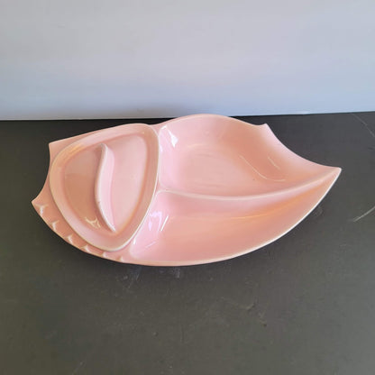 California Pottery Pink Covered Dish MCM Divided Leaf Shape Serving Tray VINTAGE