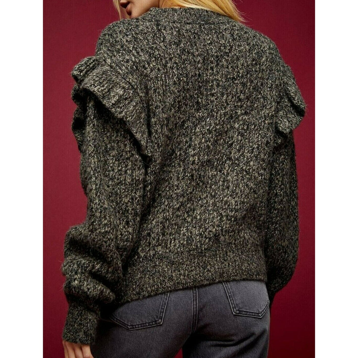 Topshop Cable Knit Ruffle Sleeve Pullover Sweater Size 0-2 Charcoal Gray NWT