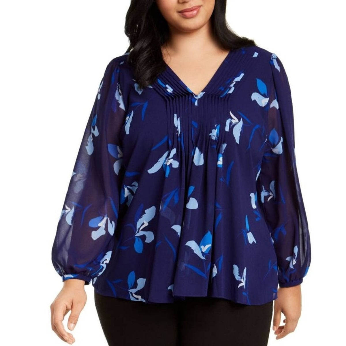 Calvin Klein Blue Floral Long Sleeve Tunic Top Size Large Blouse NEW
