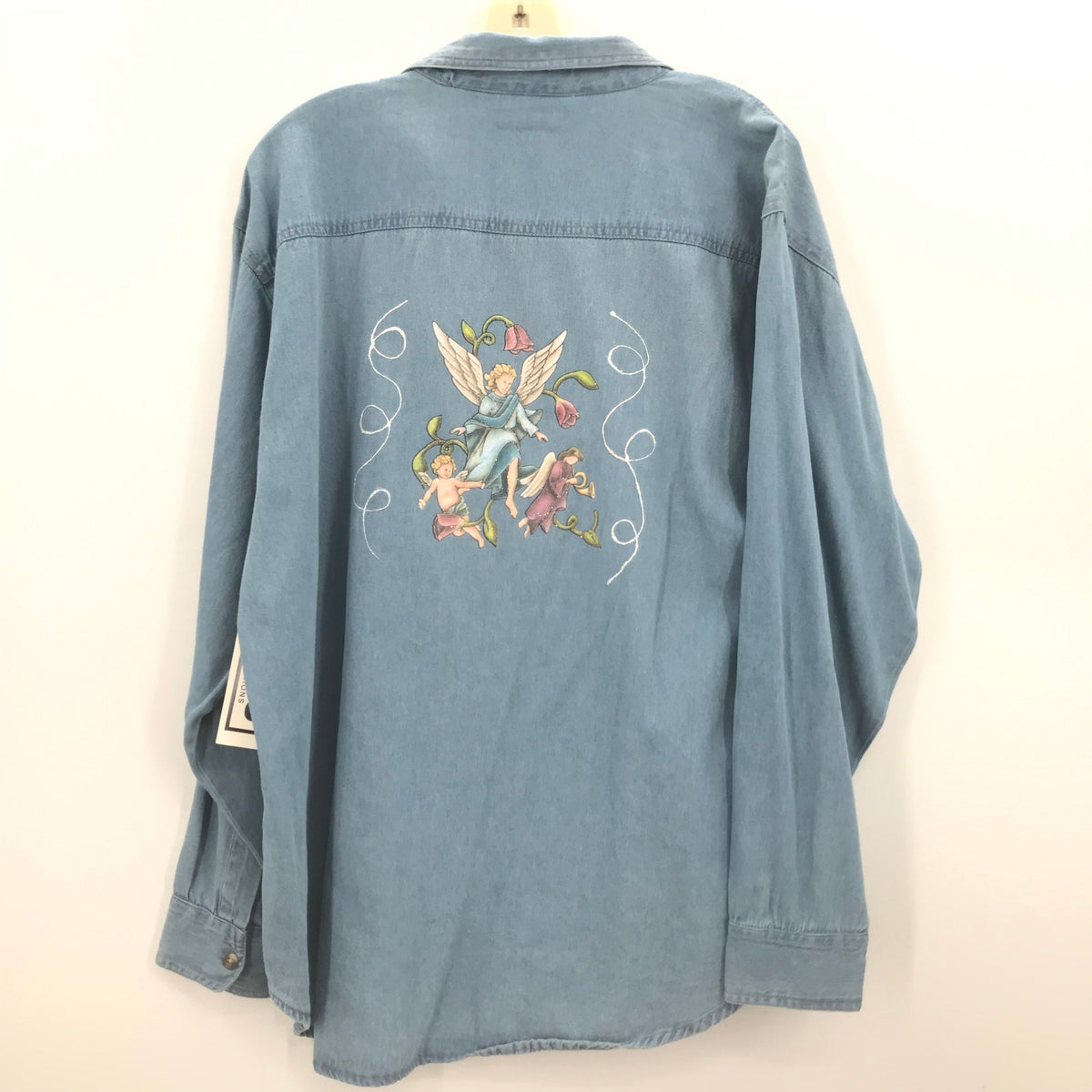 H & J Fashion Angel Figures Flower Print Denim Shirt Long Sleeve Large